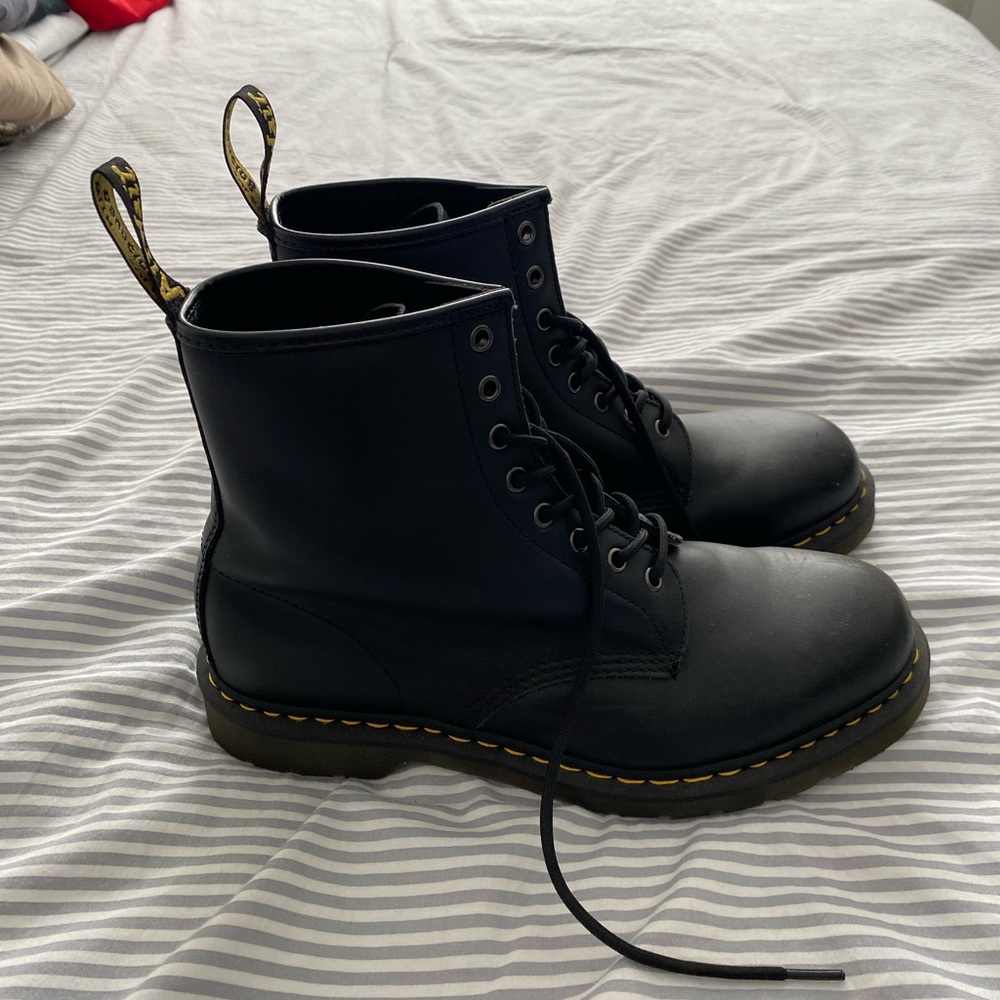 Dr. Martens Black Leather 8-Eye Lace-Up Boots with Yellow Stitching